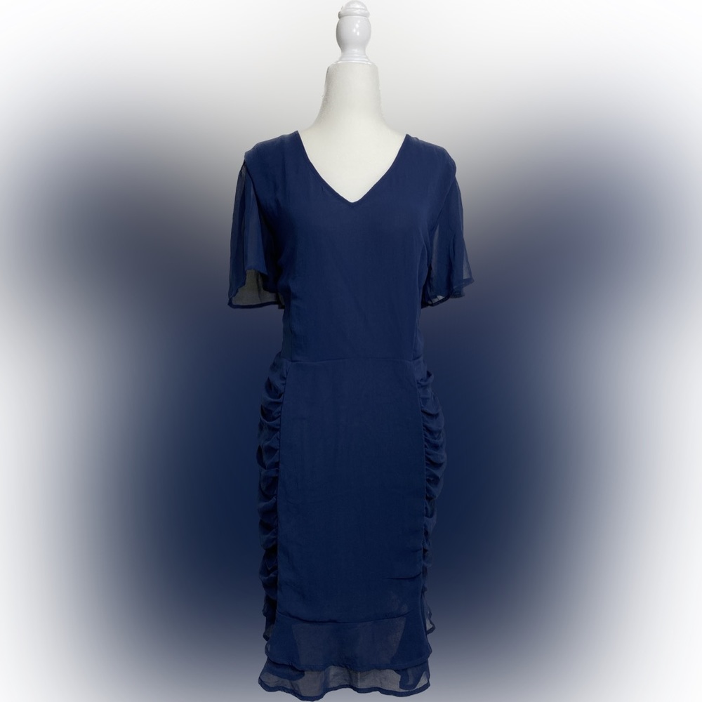 Size 16 Emma & Michele Navy Blue Dress w/ Ruffled Sides and Flowy Short-Sleeves